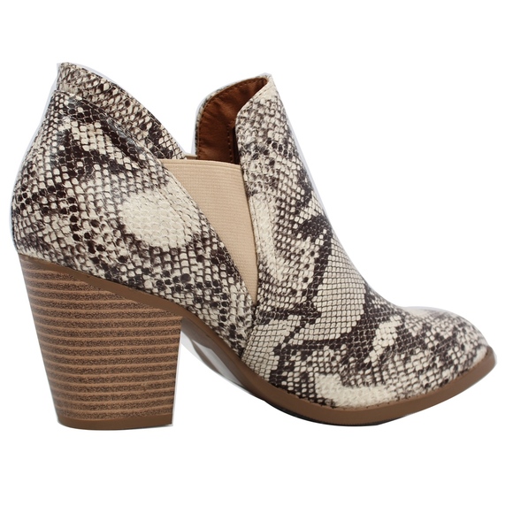 Cream Snake Skin Pu Elastic Stacked Heel Ankle - Picture 4 of 7